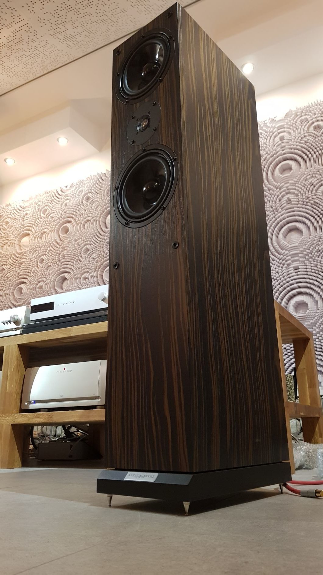  Audio Academy Hyperion IV v.2.  Kolor heban makassar, anmara, dąb bielony, orzech etc. Konstrukcja 2,5 drożna, bass reflex. Impedencja 4om. Skuteczność 89dB
