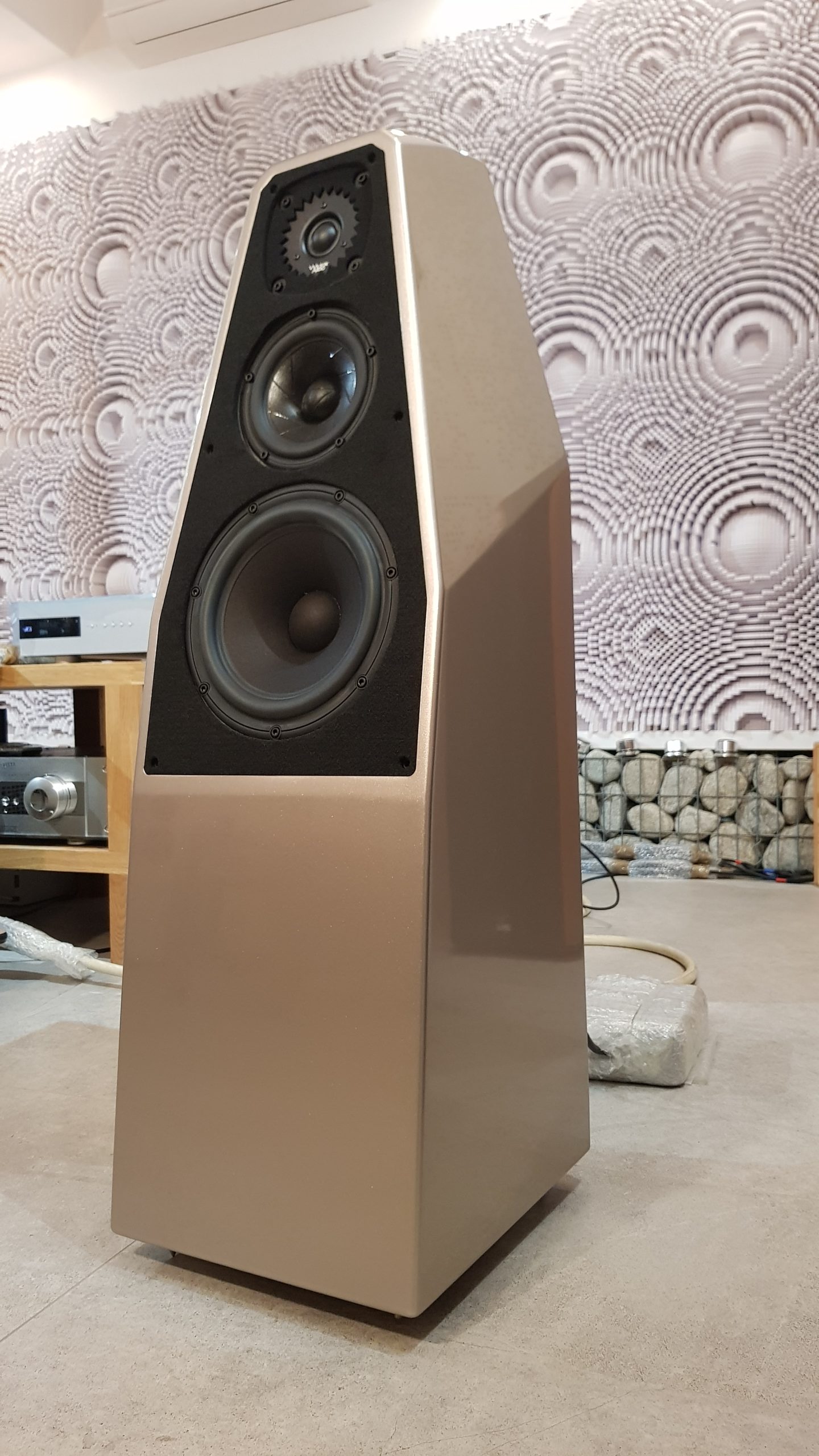 Wilson Audio Sabrina X Kolumny podłogowe Sabrina X otwierają ofertę konstrukcji podłogowych. Całą obudowę wykonano z materiału X (kompozyt) zastosowaną w topowum modelu Chronosonic. Konstrukcja 3-drożna, bass reflex tył. Pasmo przenoszenia 31Hz-23kHz. Minimalna moc wzmacniacza 50W. Impedencja 4Ω. Skuteczność 87dB. Waga jednej kolumny 50,8kg.