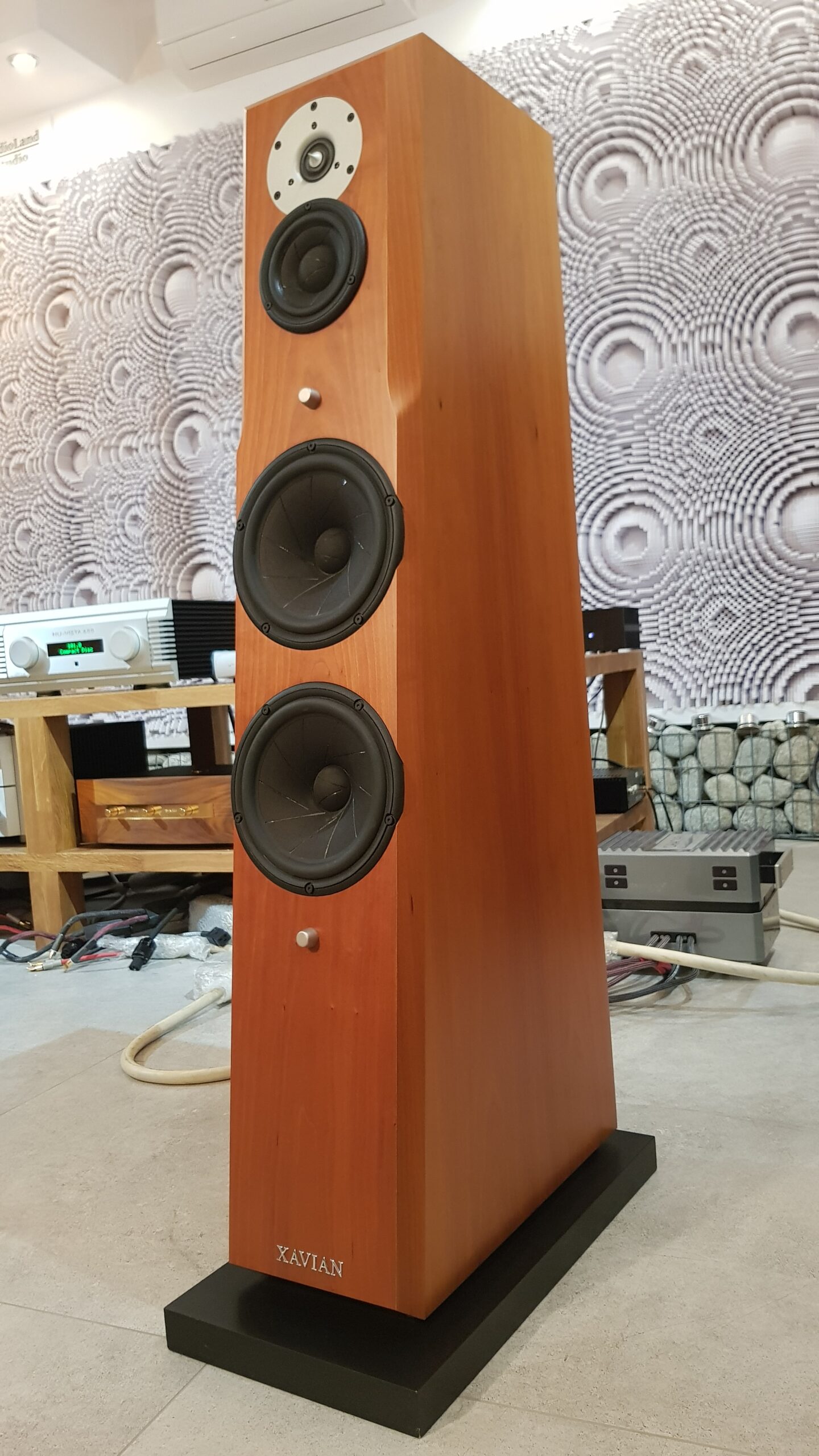 Kolumny podłogowe Xavian XN-360. Stan bdb. Konstrukcja bass reflex-dół, trójdrożna, gniazda podwójne. Rekomendowana moc wzm.: 80-250W. Pasmo przenoszenia 50Hz-40kHz. Impedencja 4Ω. Skuteczność 90dB. Waga ok. 38kg.